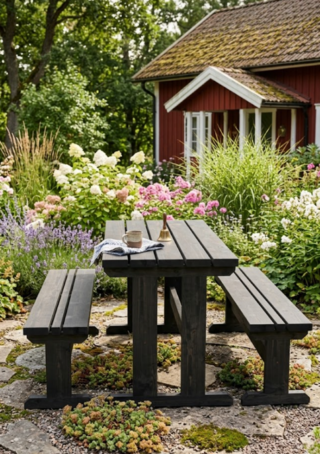 Onas pöytäryhmä kesäpihalla miljöökuva